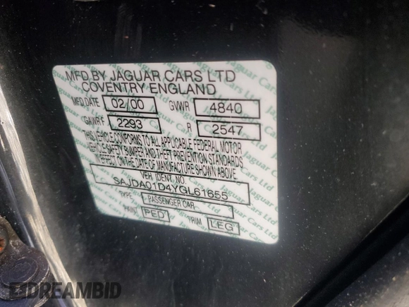 2000 Jaguar S-Type V8 z VIN SAJDA01D4YGL61655, wystawiony jako Copart lot #85873054 z przebiegiem 85 239 mil mil oraz Nie do naprawy • Non repairable. Historia ofert i sprzedaży dostępna na DreamBid. Obrazek 12.