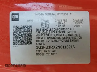 2022 Chevrolet Camaro 1LT z VIN 1G1FB1RX2N0113216, wystawiony jako Copart lot #54292955 z przebiegiem 59 929 mil mil oraz Szkoda całkowita • Salvage title. Historia ofert i sprzedaży dostępna na DreamBid. Obrazek 12.