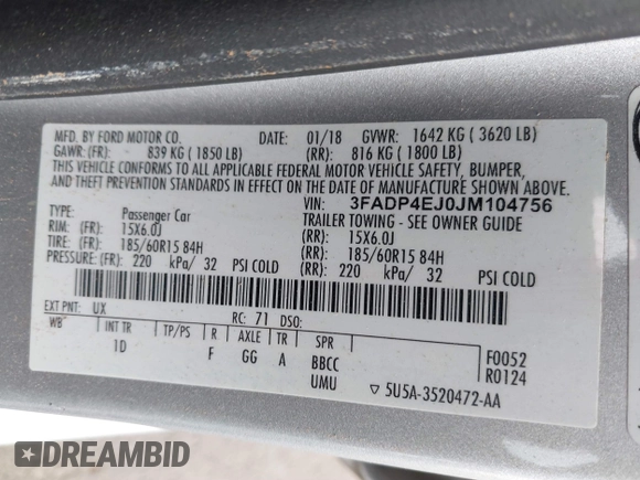 2018 Ford Fiesta SE with VIN 3FADP4EJ0JM104756, listed as a IAAI auction lot 41679507 with 80,553 mi miles. Bid and sale history available at carsss.com. Image 9.