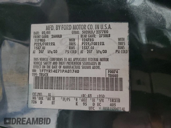 2001 Ford Ranger XLT Appearance with VIN 1FTYR14E71PA81740, listed as a Copart auction lot 48695975 with 203,450 mi miles and Salvage Title. Bid and sale history available at DreamBid. Image 12.