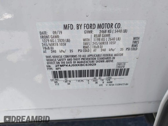 2019 Ford Edge SEL с VIN 2FMPK4J9XKBC63929, выставлен на аукционе IAAI как лот 42561065 с пробегом 86 710 миль миль и . История ставок и продаж доступна на DreamBid. Изображение 9.
