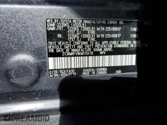 2019 Toyota RAV4 Hybrid XLE with VIN 2T3RWRFV9KW016418, listed as a Copart auction lot 43020565 with 86,362 mi miles and Salvage Title. Bid and sale history available at carsss.com. Image 13.