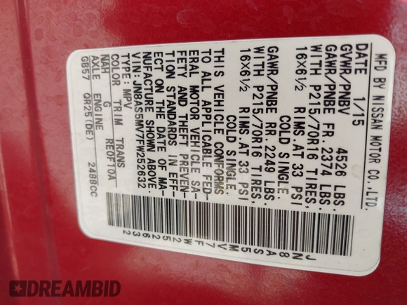 2015 Nissan Rogue S with VIN JN8AS5MV7FW252632, listed as a IAAI auction lot 42096684 with 128,788 mi miles and . Bid and sale history available at DreamBid. Image 9.