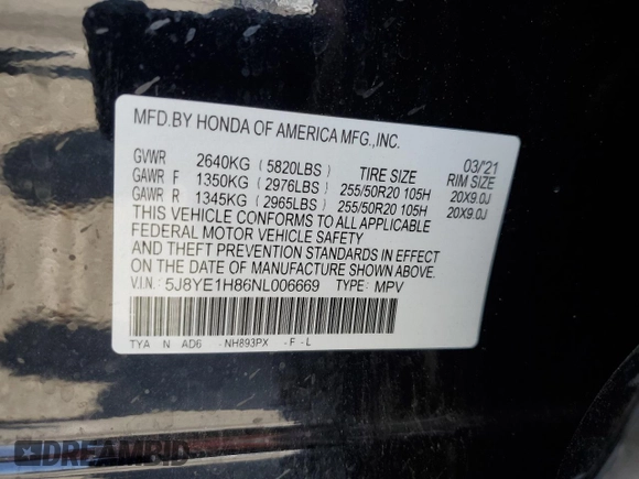 2022 Acura MDX Advance with VIN 5J8YE1H86NL006669, listed as a Copart auction lot 62025965 with Not provided miles and Salvage title. Bid and sale history available at DreamBid. Image 14.