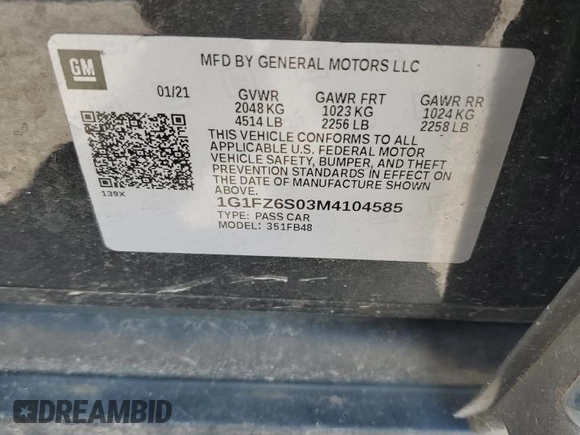 2021 Chevrolet Bolt EV Premier with VIN 1G1FZ6S03M4104585, listed as a Copart auction lot 62078965 with Not provided miles and Clean title. Bid and sale history available at DreamBid. Image 13.