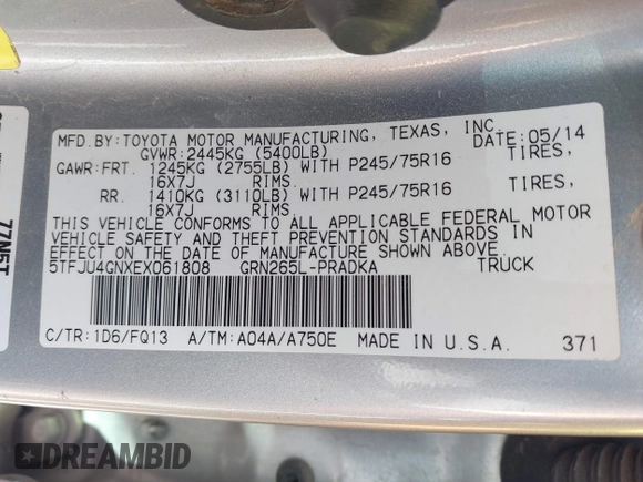 2014 Toyota Tacoma PreRunner with VIN 5TFJU4GNXEX061808, listed as a IAAI auction lot 41585931 with 214,240 mi miles. Bid and sale history available at carsss.com. Image 9.