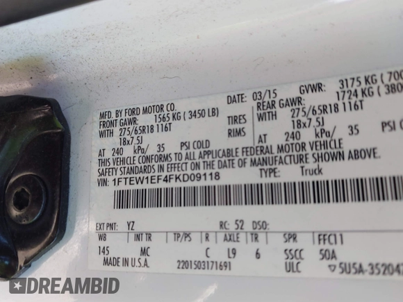 2015 Ford F-150 XLT with VIN 1FTEW1EF4FKD09118, listed as a IAAI auction lot 41414605 with 136,073 mi miles. Bid and sale history available at carsss.com. Image 9.