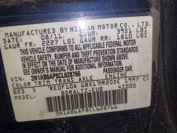 2012 Nissan Sentra SR with VIN 3N1AB6AP8CL628766, listed as a IAAI auction lot 41373736 with Not Provided miles and . Bid and sale history available at DreamBid. Image 9.