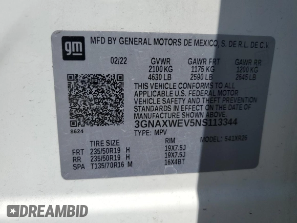 2022 Chevrolet Equinox RS with VIN 3GNAXWEV5NS113344, listed as a Copart auction lot 54117825 with 37,261 mi miles and Salvage title. Bid and sale history available at DreamBid. Image 13.