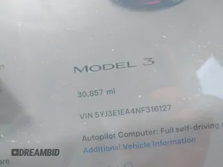 2022 Tesla Model 3 with VIN 5YJ3E1EA4NF316127, listed as a IAAI auction lot 41939191 with 30,857 mi miles. Bid and sale history available at carsss.com. Image 15.