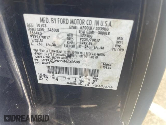 2004 Ford F-150 STX with VIN 1FTRX12W24NA68500, listed as a Copart auction lot 62477115 with 110,239 mi miles and Clean title. Bid and sale history available at DreamBid. Image 10.