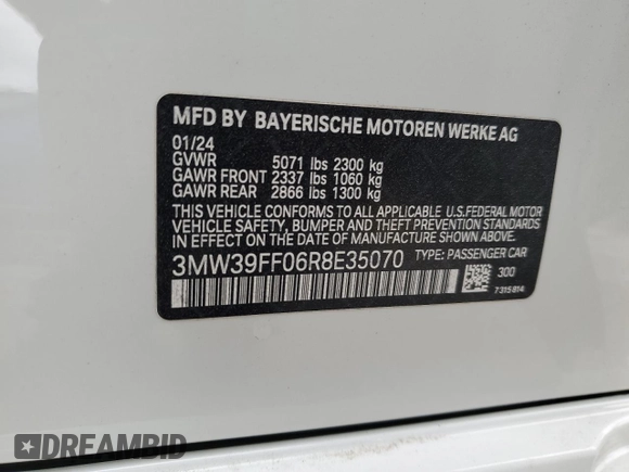2024 BMW 3 Series 330e with VIN 3MW39FF06R8E35070, listed as a Copart auction lot 42796155 with 3,987 mi miles and Salvage Title. Bid and sale history available at carsss.com. Image 14.