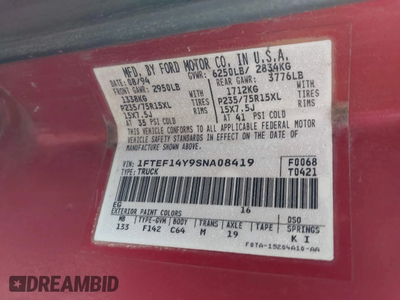1995 Ford F-150 with VIN 1FTEF14Y9SNA08419, listed as a IAAI auction lot 42128480 with Not Provided miles and . Bid and sale history available at DreamBid. Image 9.