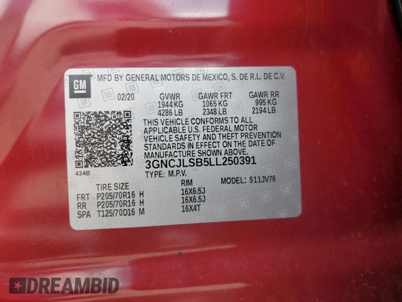 2020 Chevrolet Trax LT with VIN 3GNCJLSB5LL250391, listed as a Copart auction lot 65172655 with 113,645 mi miles and Clean title. Bid and sale history available at DreamBid. Image 14.