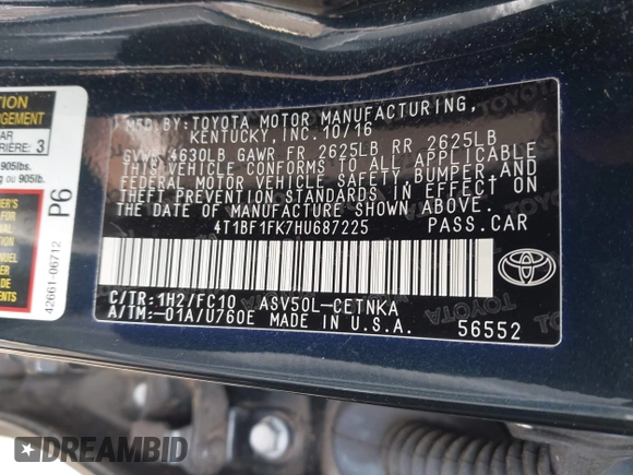 2017 Toyota Camry XLE with VIN 4T1BF1FK7HU687225, listed as a IAAI auction lot 42006107 with 4,807 mi miles. Bid and sale history available at carsss.com. Image 9.