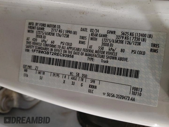 2024 Ford F-350 XL with VIN 1FT8W3BT2REC93958, listed as a Copart auction lot 47363735 with 17,143 mi miles and Salvage Title. Bid and sale history available at DreamBid. Image 14.