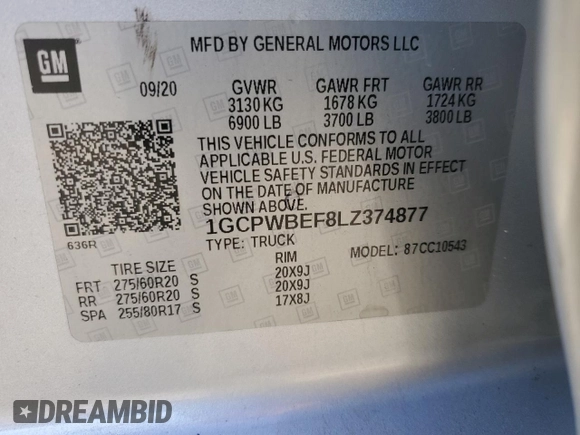 2020 Chevrolet Silverado 1500 Custom with VIN 1GCPWBEF8LZ374877, listed as a Copart auction lot 84509944 with 109,835 mi miles and Salvage Title. Bid and sale history available at carsss.com. Image 13.