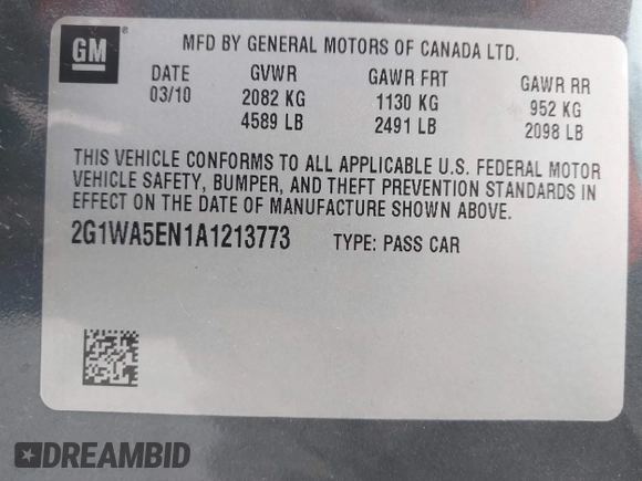2010 Chevrolet Impala LS with VIN 2G1WA5EN1A1213773, listed as a IAAI auction lot 41957003 with 171,055 mi miles and . Bid and sale history available at DreamBid. Image 9.