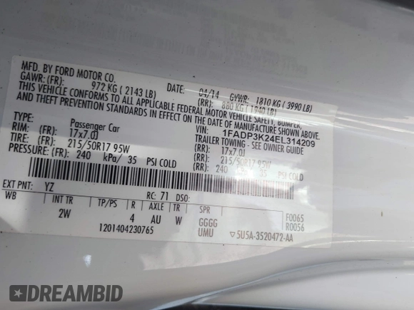 2014 Ford Focus SE with VIN 1FADP3K24EL314209, listed as a IAAI auction lot 42026038 with 167,297 mi miles. Bid and sale history available at carsss.com. Image 9.