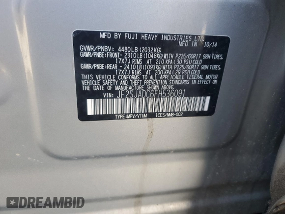 2015 Subaru Forester 2.5i Premium with VIN JF2SJADC6FH536091, listed as a Copart auction lot 48711845 with 99,594 mi miles and Salvage Title. Bid and sale history available at carsss.com. Image 14.