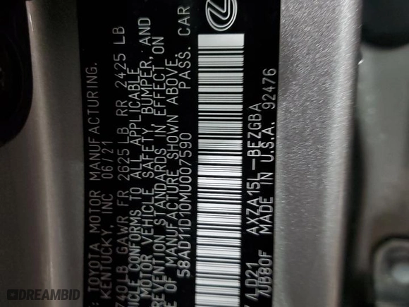 2021 Lexus ES with VIN 58AD11D10MU007590, listed as a Copart auction lot 82584724 with 5,470 mi miles and Salvage Title. Bid and sale history available at carsss.com. Image 14.