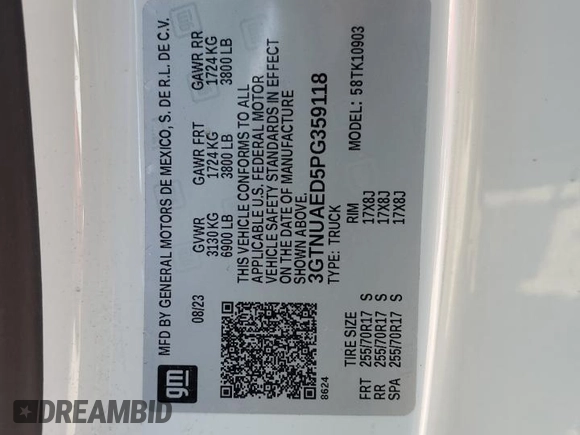 2023 GMC Sierra 1500 with VIN 3GTNUAED5PG359118, listed as a Copart auction lot 50886165 with 68,152 mi miles and Salvage Title. Bid and sale history available at DreamBid. Image 12.