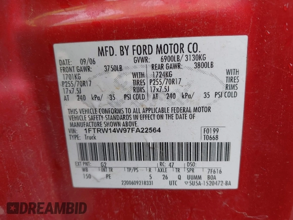 2007 Ford F-150 XLT z VIN 1FTRW14W97FA22564, wystawiony jako IAAI lot #42255757 z przebiegiem 344 371 mil mil oraz . Historia ofert i sprzedaży dostępna na DreamBid. Obrazek 9.