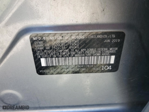 2019 Mitsubishi Mirage G4 ES with VIN ML32F3FJ3KHF17814, listed as a Copart auction lot 50399815 with 64,384 mi miles and Salvage Title. Bid and sale history available at carsss.com. Image 12.