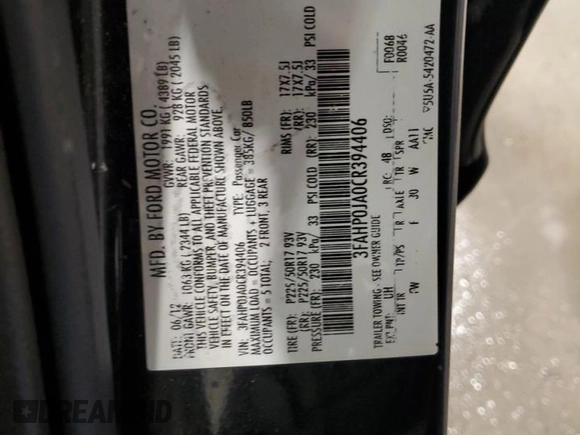 2012 Ford Fusion SEL с VIN 3FAHP0JA0CR394406, выставлен на аукционе Copart как лот 54174485 с пробегом 189 695 миль миль и На запчасти • Non repairable. История ставок и продаж доступна на DreamBid. Изображение 12.