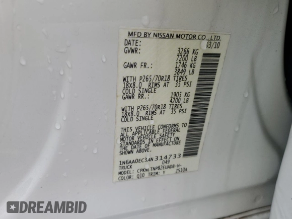 2010 Nissan Titan LE with VIN 1N6AA0EC3AN314733, listed as a Copart auction lot 81301574 with 120,683 mi miles and Salvage Title. Bid and sale history available at carsss.com. Image 13.