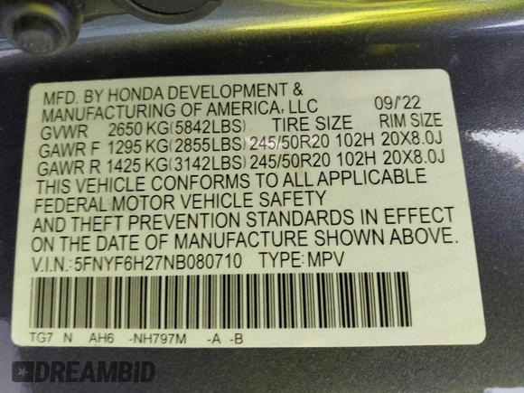 2022 Honda Pilot Special Edition with VIN 5FNYF6H27NB080710, listed as a IAAI auction lot 41612297 with 37,157 mi miles. Bid and sale history available at carsss.com. Image 9.