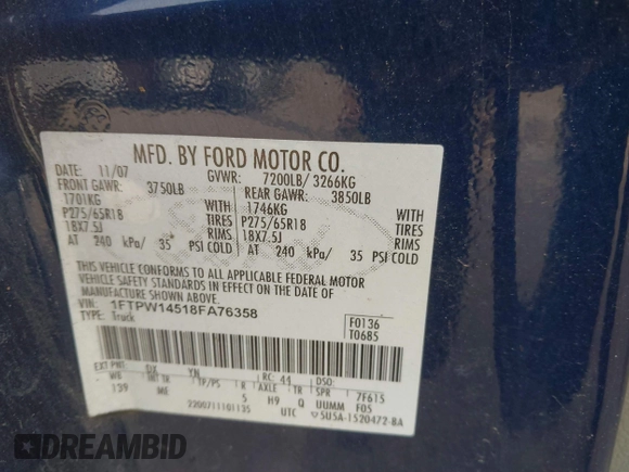 2008 Ford F-150 XLT with VIN 1FTPW14518FA76358, listed as a IAAI auction lot 42281687 with 201,697 mi miles and . Bid and sale history available at DreamBid. Image 9.