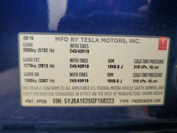 2016 Tesla Model S 90D with VIN 5YJSA1E25GF158223, listed as a Copart auction lot 47727765 with 43,812 mi miles and Salvage Title. Bid and sale history available at carsss.com. Image 12.