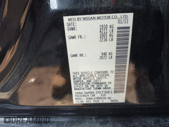 2013 Nissan Altima SV with VIN 1N4AL3AP6DC207981, listed as a IAAI auction lot 42572987 with 129,657 mi miles and . Bid and sale history available at DreamBid. Image 9.