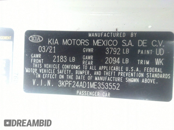 2021 Kia Forte LXS z VIN 3KPF24AD1ME353552, wystawiony jako IAAI lot #34636375 z przebiegiem 15 570 mil mil oraz . Historia ofert i sprzedaży dostępna na DreamBid. Obrazek 9.