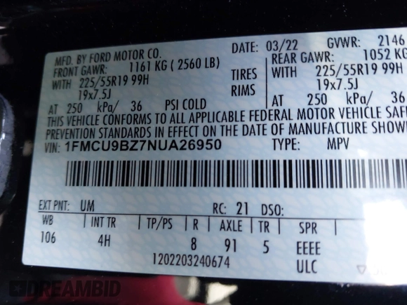2022 Ford Escape SE Hybrid с VIN 1FMCU9BZ7NUA26950, выставлен на аукционе IAAI как лот 41869964 с пробегом 26 213 миль миль и . История ставок и продаж доступна на DreamBid. Изображение 9.