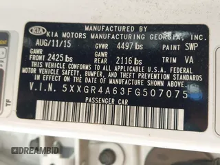 2015 Kia Optima SX Turbo с VIN 5XXGR4A63FG507075, выставлен на аукционе IAAI как лот 41802211 с пробегом 105 356 миль миль и . История ставок и продаж доступна на DreamBid. Изображение 9.