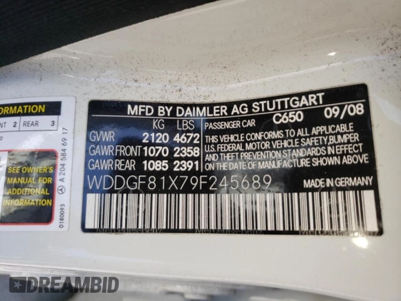 2009 Mercedes-Benz C 300 Sport z VIN WDDGF81X79F245689, wystawiony jako Copart lot #49351905 z przebiegiem Nie podano mil oraz Szkoda całkowita • Salvage title. Historia ofert i sprzedaży dostępna na DreamBid. Obrazek 10.