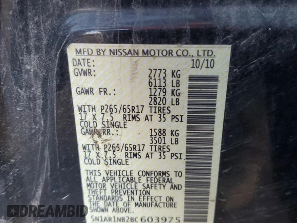 2011 Nissan Pathfinder LE z VIN 5N1AR1NB2BC603975, wystawiony jako Copart lot #84812614 z przebiegiem Nie podano mil oraz Szkoda całkowita • Salvage title. Historia ofert i sprzedaży dostępna na DreamBid. Obrazek 15.