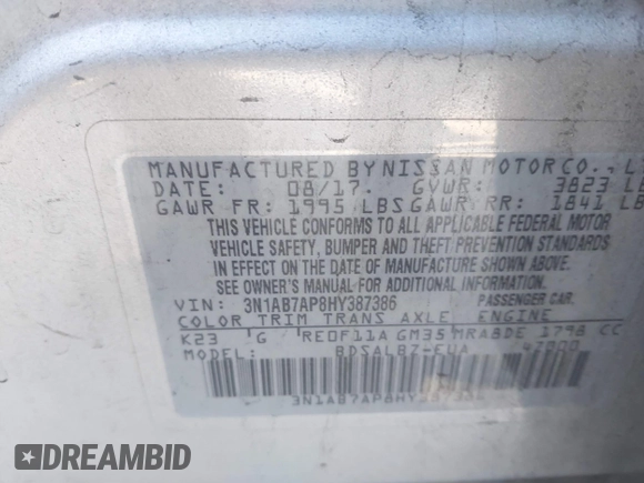 2017 Nissan Sentra S with VIN 3N1AB7AP8HY387386, listed as a IAAI auction lot 41431600 with 100,334 mi miles and . Bid and sale history available at DreamBid. Image 9.