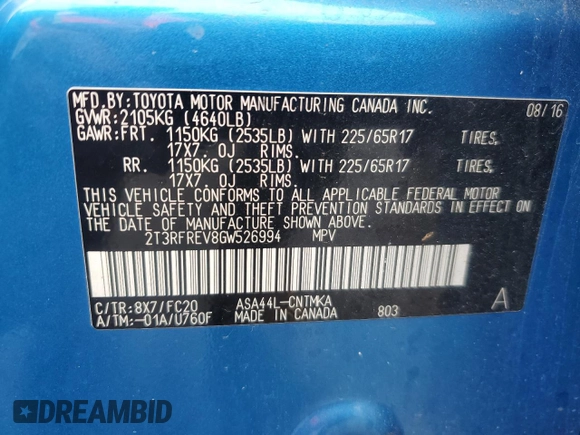 2016 Toyota RAV4 XLE z VIN 2T3RFREV8GW526994, wystawiony jako Copart lot #55227825 z przebiegiem 71 178 mil mil oraz Szkoda całkowita • Salvage title. Historia ofert i sprzedaży dostępna na DreamBid. Obrazek 13.