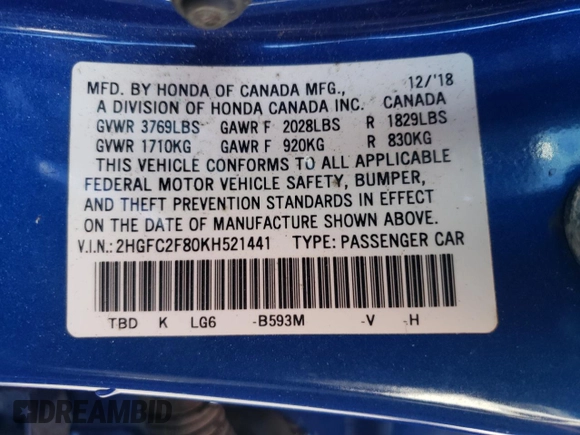 2019 Honda Civic Sport with VIN 2HGFC2F80KH521441, listed as a Copart auction lot 52235145 with 104,604 mi miles and Salvage title. Bid and sale history available at DreamBid. Image 12.