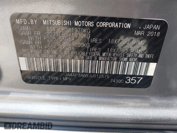 2018 Mitsubishi Outlander SE with VIN JA4AP3AW9JU012575, listed as a IAAI auction lot 42303672 with 97,524 mi miles and . Bid and sale history available at DreamBid. Image 9.