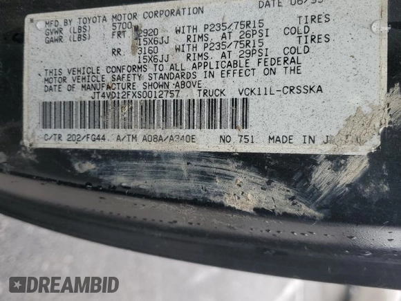 1995 Toyota T100 SR5 with VIN JT4VD12FXS0012757, listed as a Copart auction lot 43280635 with 169,283 mi miles and Salvage Title. Bid and sale history available at DreamBid. Image 12.