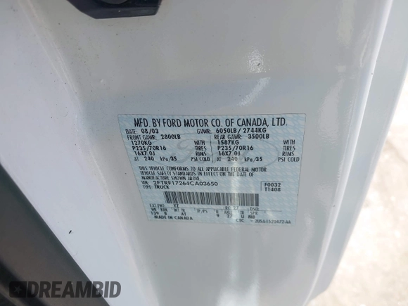 2004 Ford F-150 XL with VIN 2FTRF17264CA03650, listed as a IAAI auction lot 42545657 with Not provided miles and . Bid and sale history available at DreamBid. Image 9.