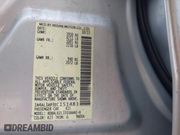 2014 Nissan Altima 2.5 S with VIN 1N4AL3AP3EC151483, listed as a IAAI auction lot 41932459 with 129,408 mi miles. Bid and sale history available at carsss.com. Image 9.