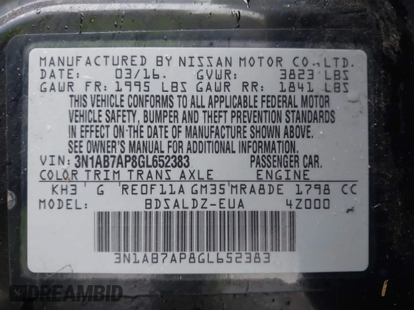 2016 Nissan Sentra SR with VIN 3N1AB7AP8GL652383, listed as a IAAI auction lot 42111211 with 140,984 mi miles and . Bid and sale history available at DreamBid. Image 9.