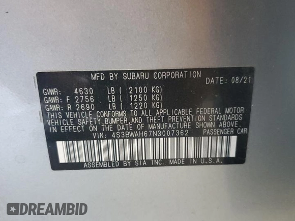 2022 Subaru Legacy Special Sports with VIN 4S3BWAH67N3007362, listed as a Copart auction lot 60972325 with 50,514 mi miles and Salvage title. Bid and sale history available at DreamBid. Image 13.