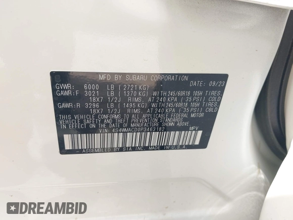 2023 Subaru Ascent Premium with VIN 4S4WMACD0P3463182, listed as a IAAI auction lot 41930311 with 8,978 mi miles and . Bid and sale history available at DreamBid. Image 9.