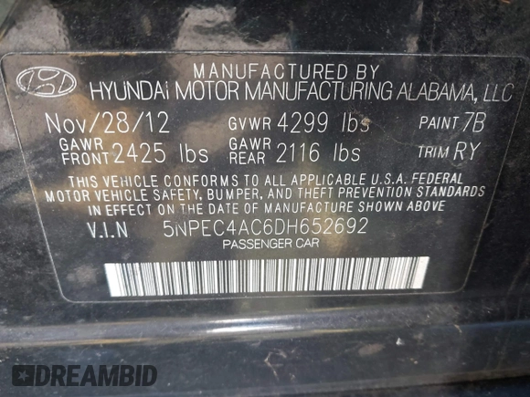 2013 Hyundai Sonata Limited with VIN 5NPEC4AC6DH652692, listed as a IAAI auction lot 41832936 with 209,189 mi miles and . Bid and sale history available at DreamBid. Image 9.